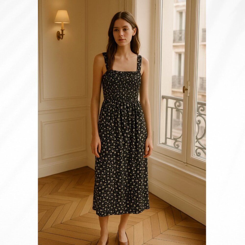 🦋 ABERCROMBIE & FITCH Black White Floral Midi Dress Size XS